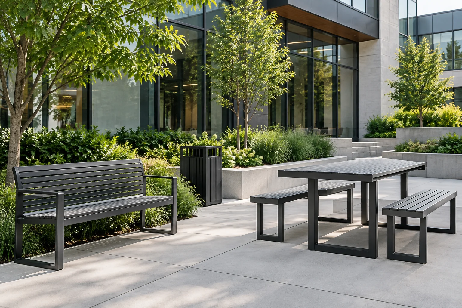 Illustrative commercial courtyard with outdoor seating and site furnishings